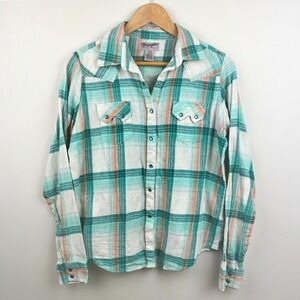 Vintage Western Womens L Pearl Snap Plaid Shirt Cowgirl Coastal Wrangler Casual